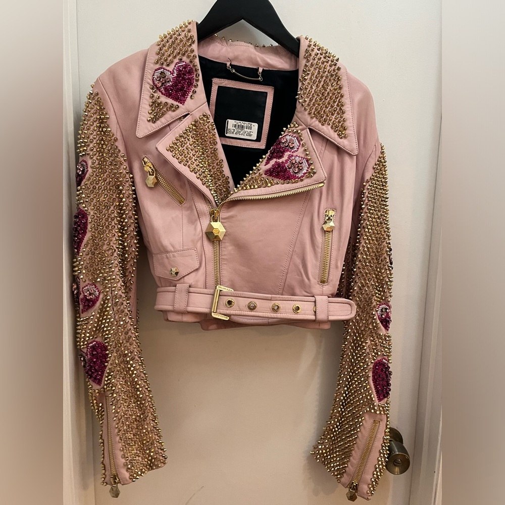 Philipp Plein Pink Leather Jacket w/ Studded Sleeves & Crystal Patches S As Is